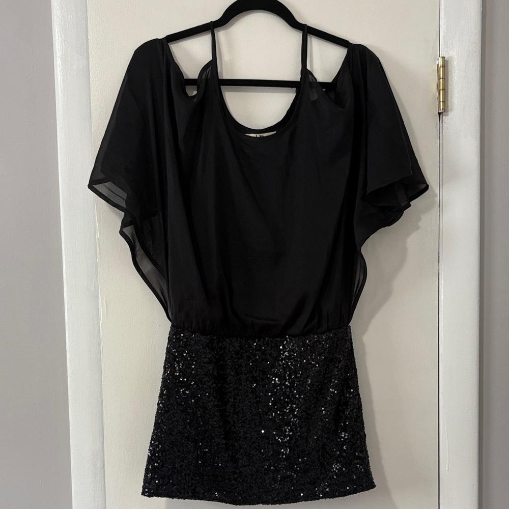 Black Sequin Dress with Sheer Sleeves